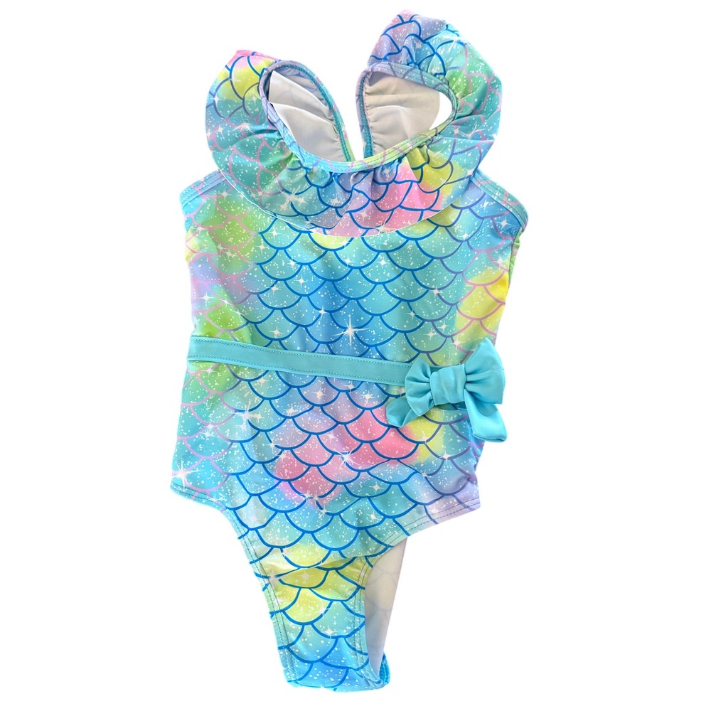 Girls Mermaid Scale One Piece Swimsuit Pastel Rainbow Ruffle Bow 5T 4-5 Years